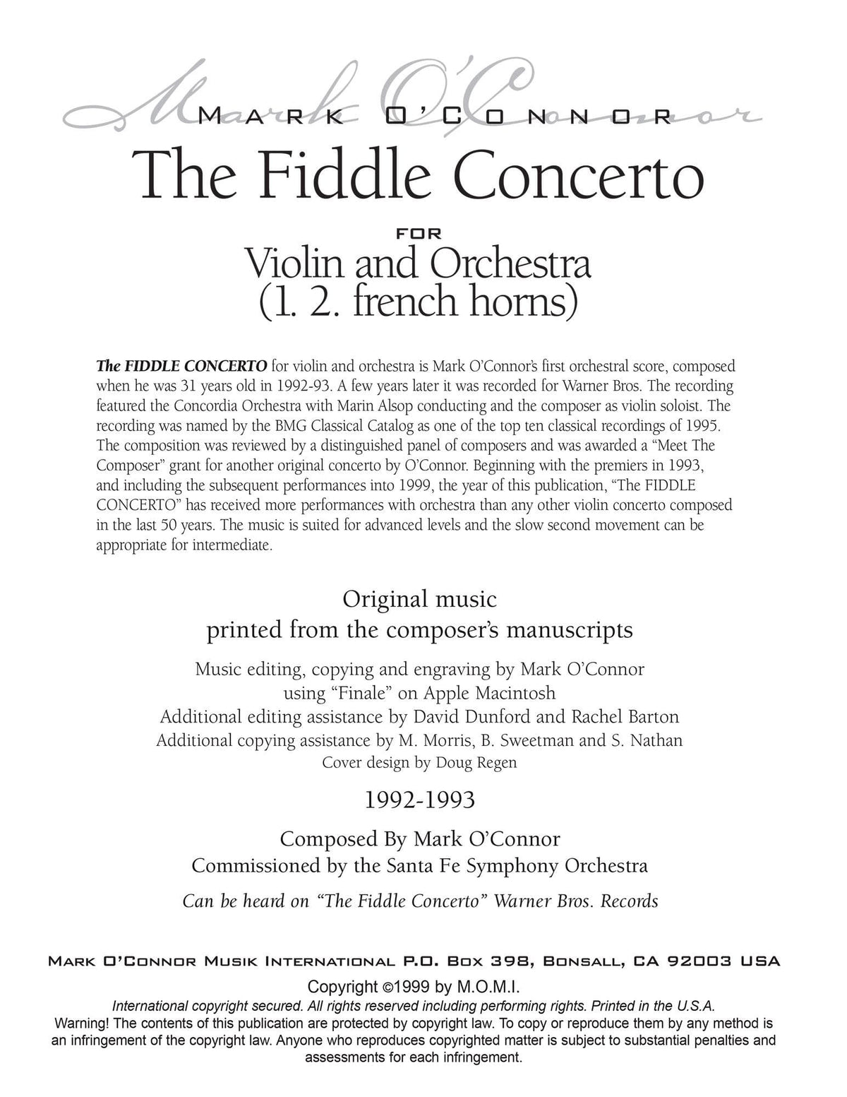 O'Connor, Mark - The FIDDLE CONCERTO for Violin and Orchestra - Brass Parts - Digital Download