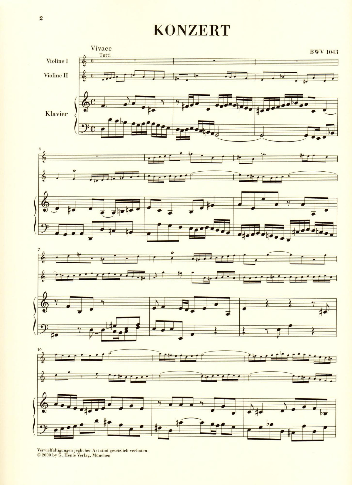 Bach, JS - Double Concerto in d minor, BWV 1043 - Two Violins and Piano - edited by Hans Eppstein - G Henle Verlag URTEXT