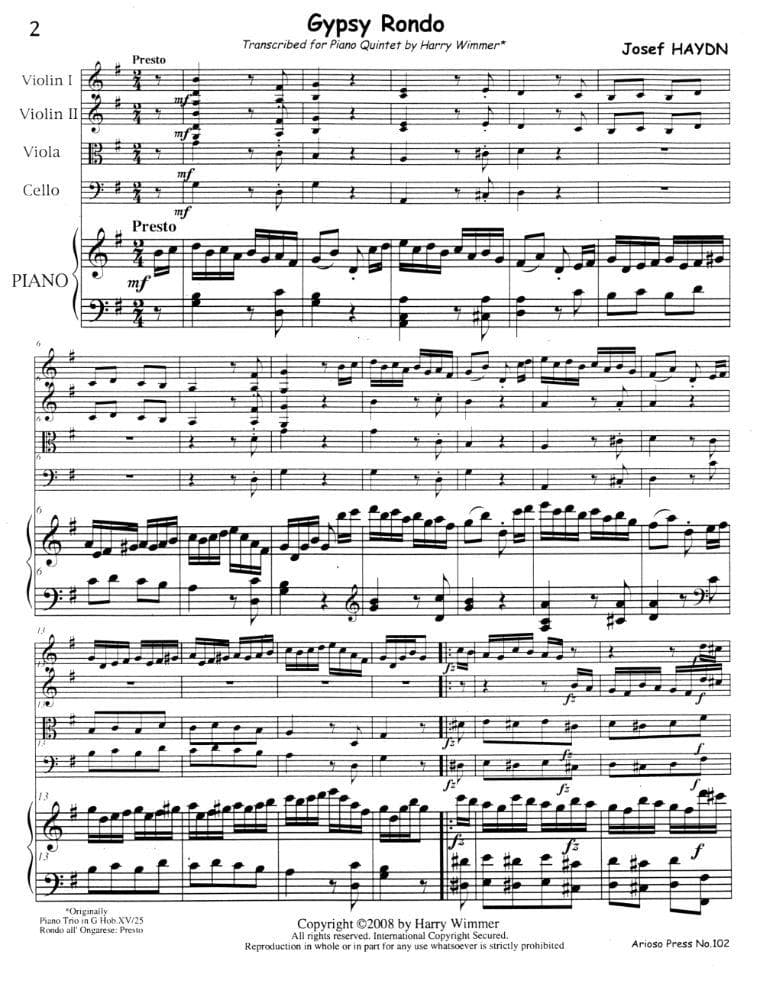 Haydn, Franz Joseph - Gypsy Rondo (from Piano Trio in G, Hob XV:25) - transcribed for Piano Quintet - edited by Harry Wimmer - Arioso Press