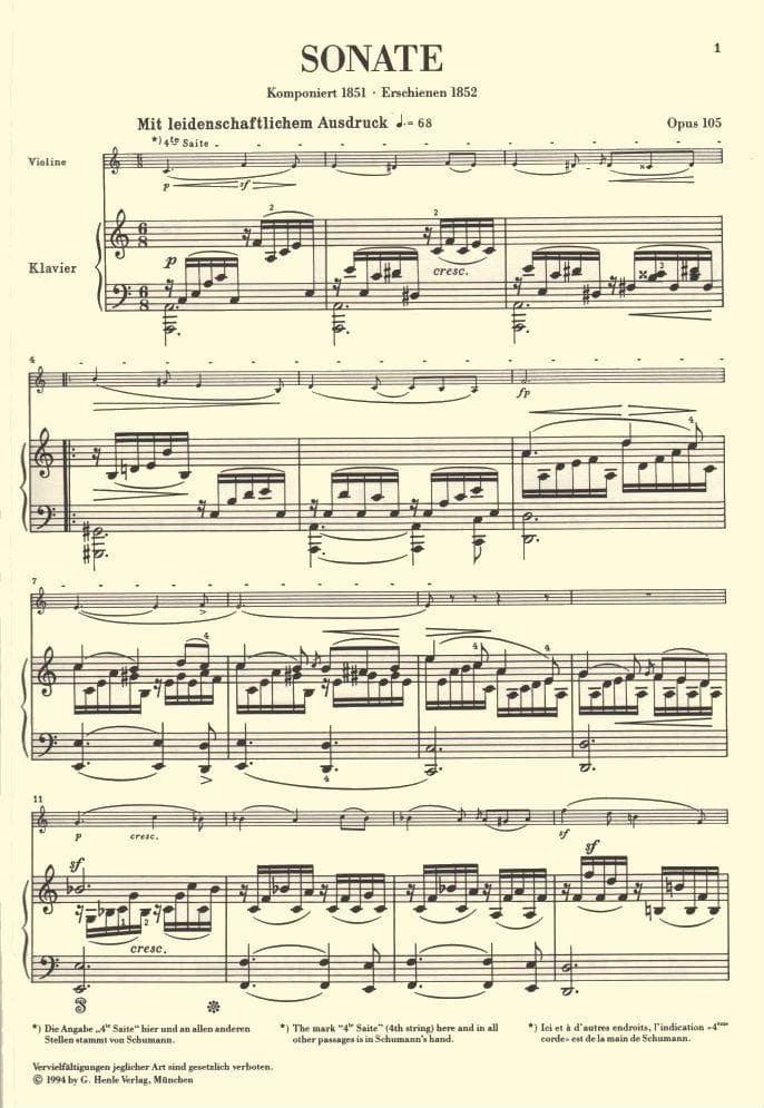Schumann, Robert - Violin Sonata in A Minor, Op 105 - Violin and Piano - edited by Kurt Guntner - Henle