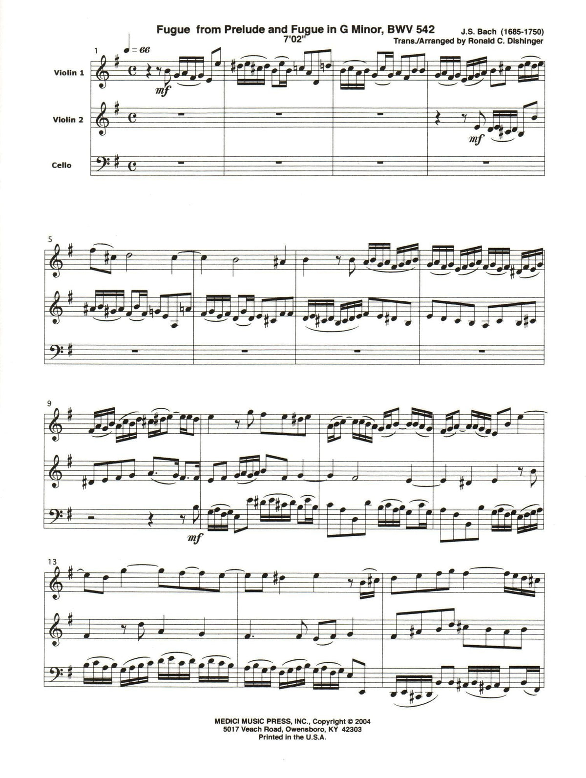 Bach, J.S. - Fugue from Prelude and Fugue (BWV 542) - for Two Violins and Cello - arranged by Dishinger - Medici Music Press