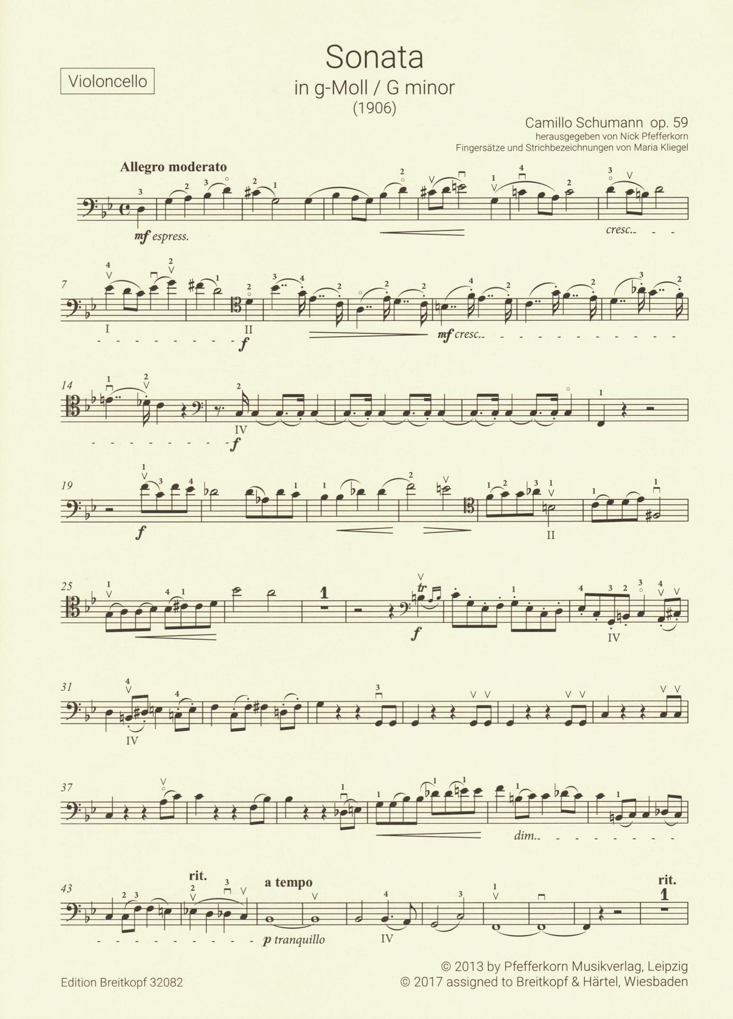 Schumann, Camillo - Sonata No. 1 in G minor, Op. 59 - for Cello and Piano - Breitkopf & Hartel URTEXT