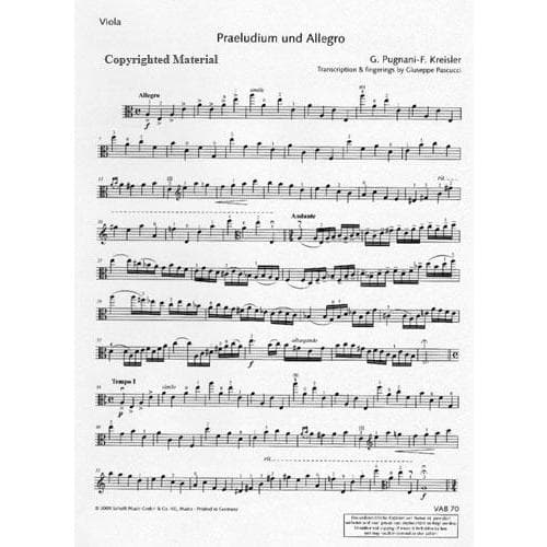 Kreisler, Fritz - Praeludium and Allegro - Viola and Piano - transcribed and edited by Giuseppe Pascucci - Schott Music Edition