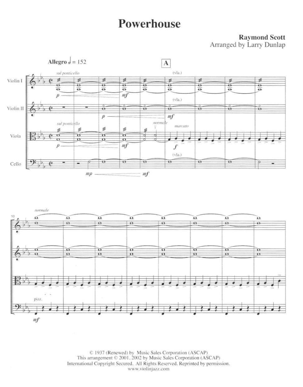 Scott, Raymond - Powerhouse - Jeremy Cohen Arrangements - arranged by Larry Dunlap - Violinjazz Editions