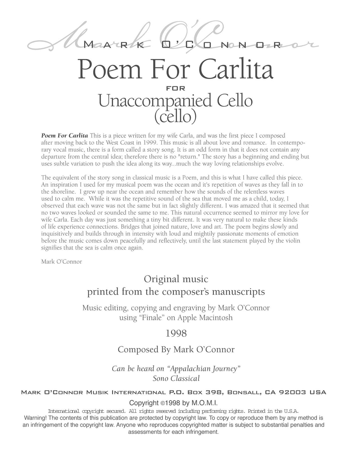 O'Connor, Mark - Poem for Carlita for Unaccompanied Cello - Digital Download