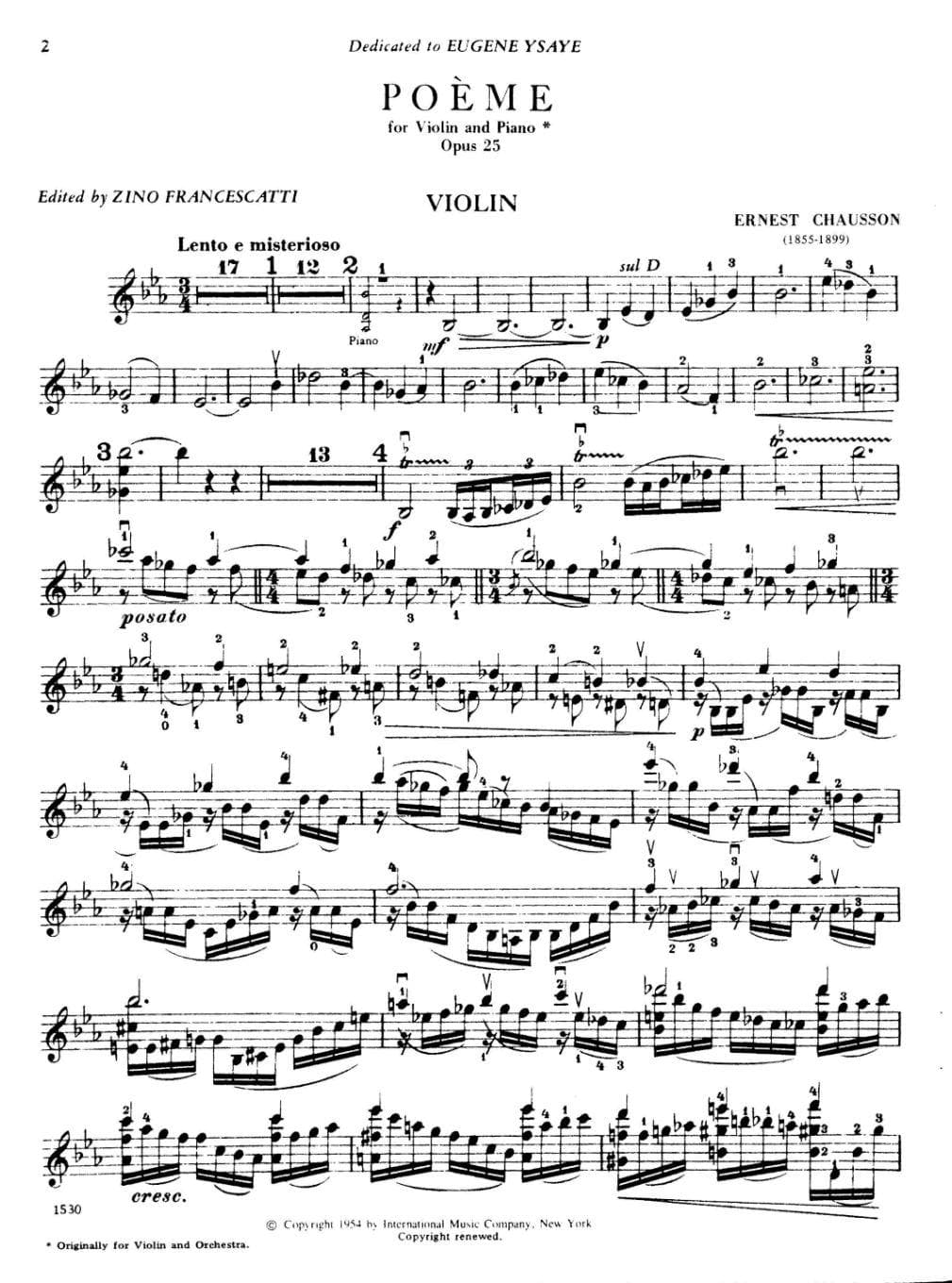 Chausson, Ernest - Poeme Op 25 for Violin and Piano - Arranged by Francescatti - International Edition