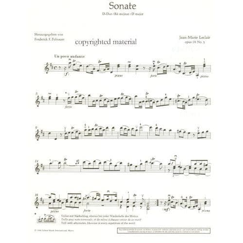 Leclair, Jean-Marie - Sonata in D Major, Op 9, No 3 - Violin and Piano - edited by Frederick F Polnauer - Schott Edition