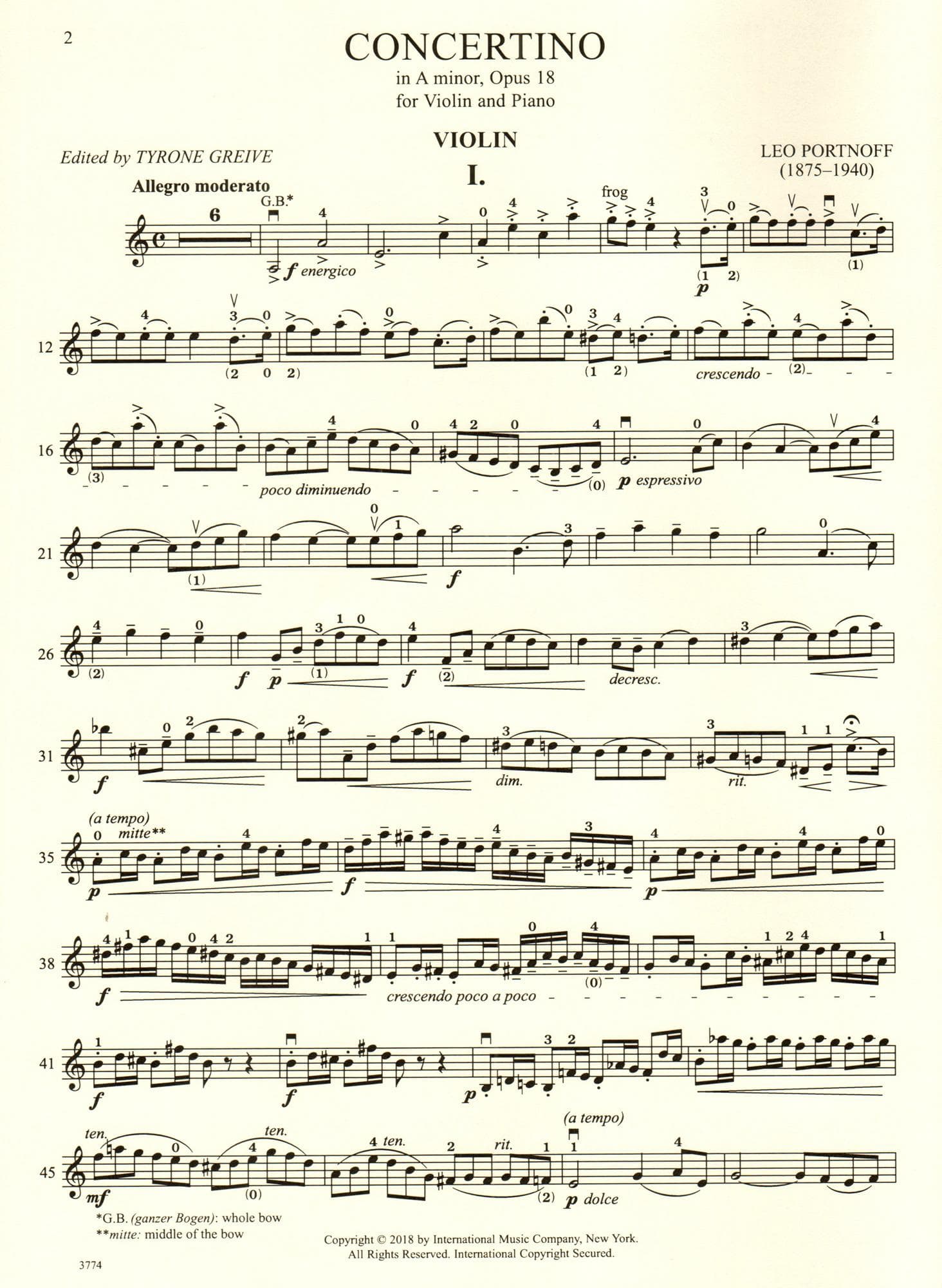 Portnoff, Leo - Concertino in A minor, Op. 18 - for Violin and Piano - edited by Greive - International