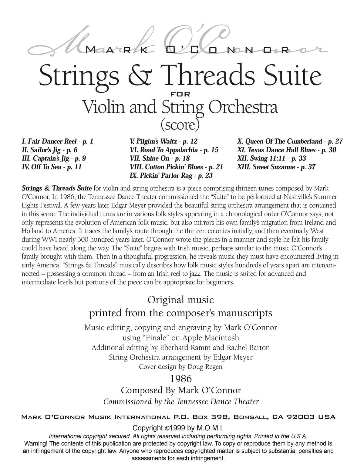 O'Connor, Mark - Strings & Threads Suite for Violin and String Orchestra - Score - Digital Download