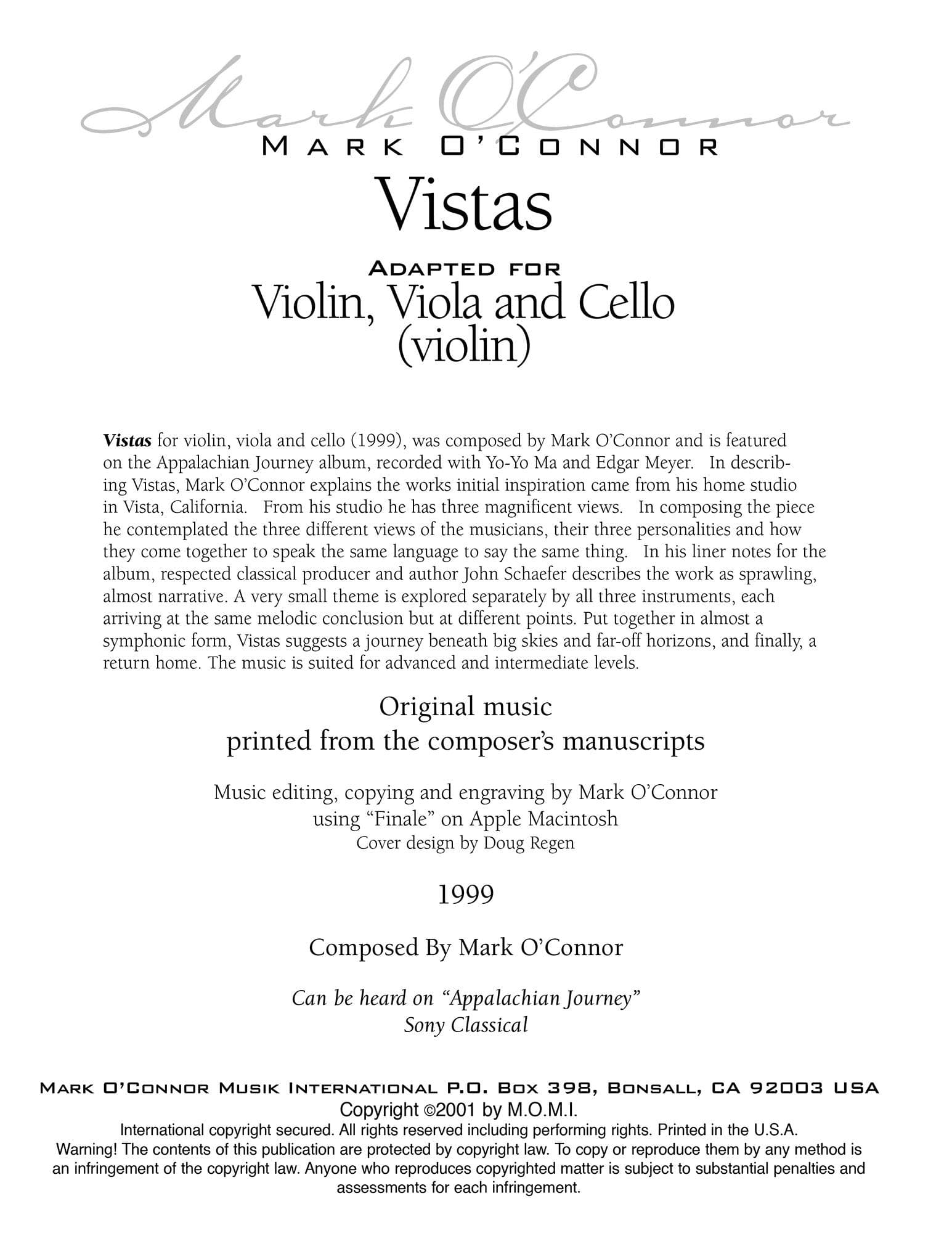 O'Connor, Mark - Vistas for Violin, Viola, and Cello - Violin - Digital Download