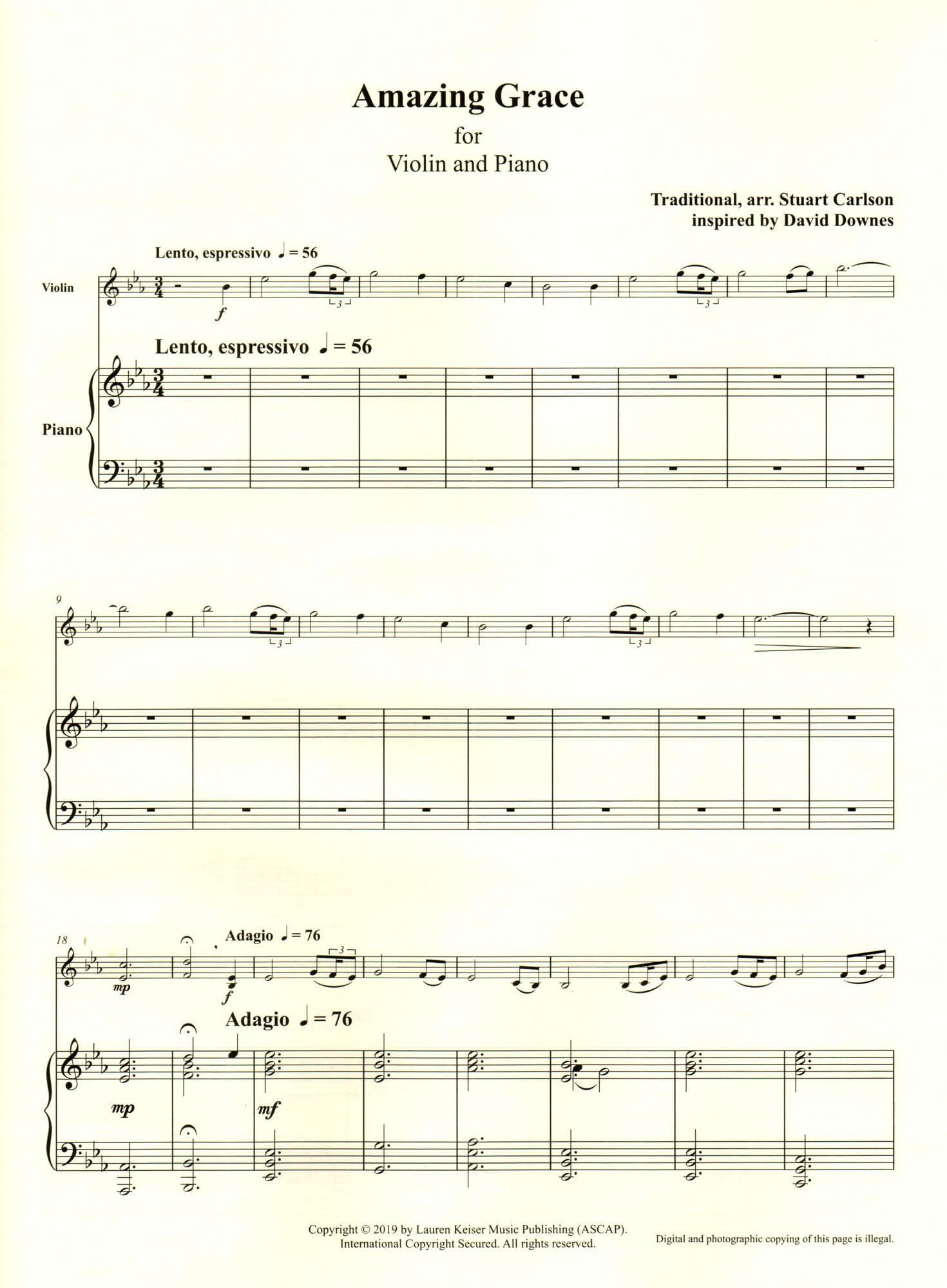 Amazing Grace - for Violin and Piano - arranged by Stuart Carlson - Lauren Keiser Music Publishing