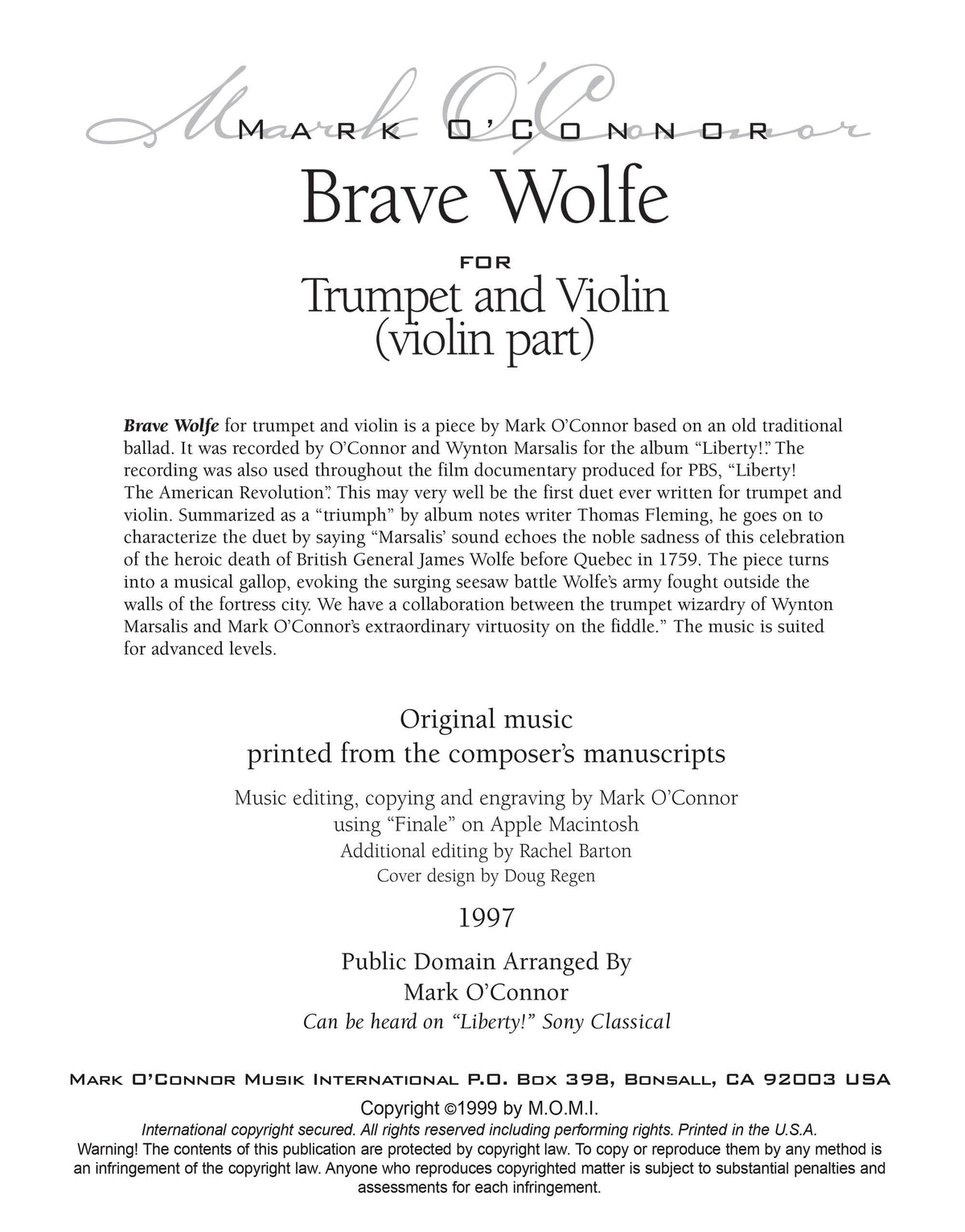 O'Connor, Mark - Brave Wolfe for Trumpet and Violin - Violin - Digital Download