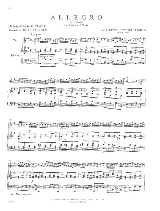 Fiocco, Joseph-Hector - Allegro - Violin and Piano - edited by Josef Gingold - International Edition