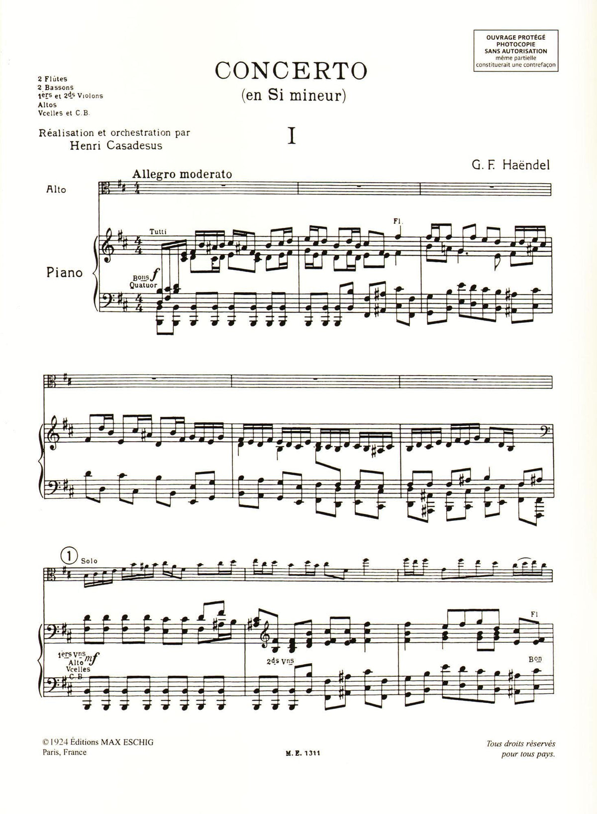 Handel, George Frideric - Concerto in B minor - Viola and Piano - edited by Henri Casadesus - Editions Durand