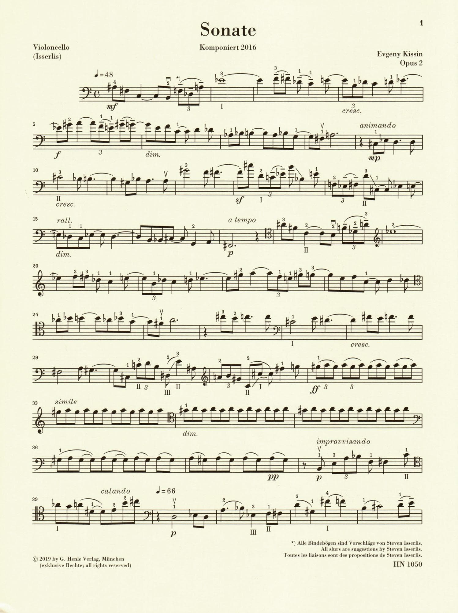 Kissin, Evgeny - Sonata, Opus 2 - for Cello and Piano - edited by Steven Isserlis - G. Henle Verlag URTEXT