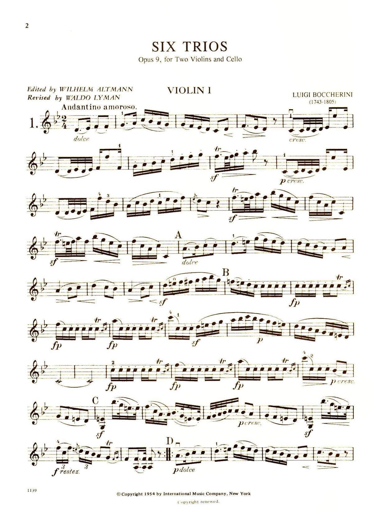 Boccherini, Luigi - 6 Trios Op 9 G 89-94 for Two Violins and Cello - Arranged by Altmann-Lyman - International Edition