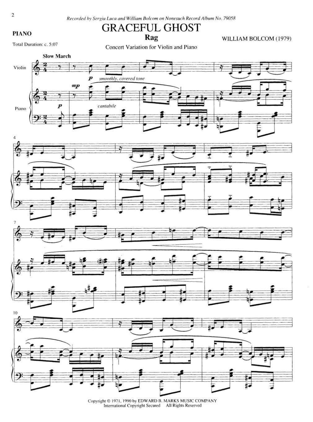 Bolcom, William - Graceful Ghost Rag Concert Variation for Violin and Piano - published by Edward B Marks Music