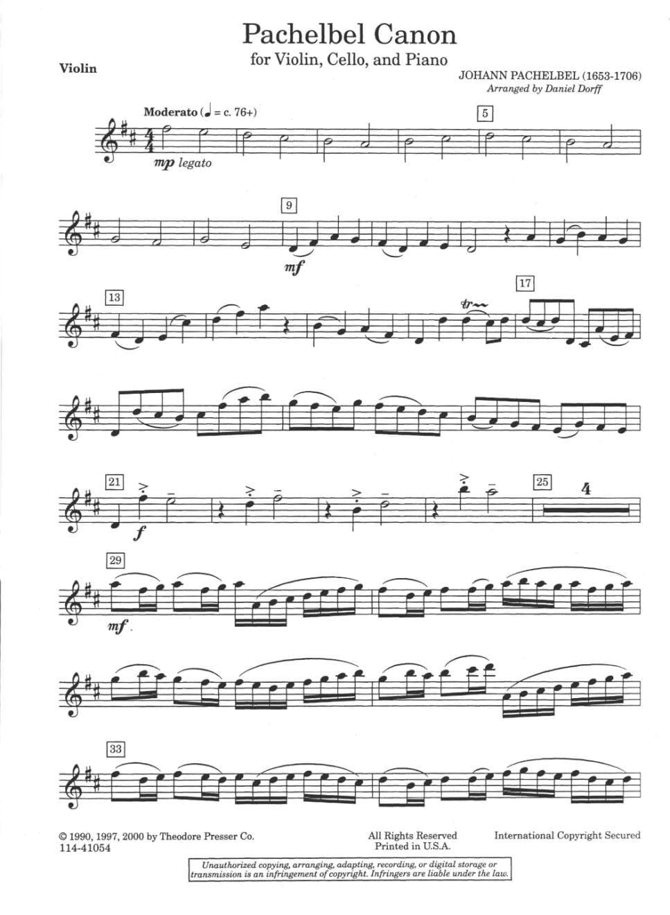 Pachelbel, Johann - Canon for Piano Trio Violin, Cello, and Piano Arranged by Daniel Dorff Published by Theodore Presser Company