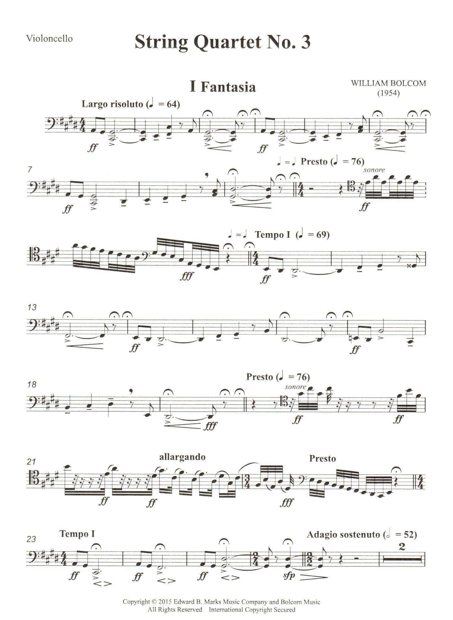 Bolcom, William - String Quartet No. 3 - Score and Parts - Edward B. Marks Music Company