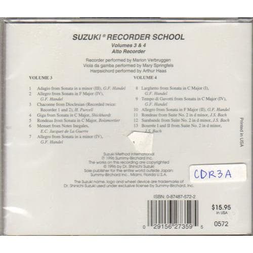 Suzuki Recorder School CD, Volumes 3 and 4, Alto, Performed by Verbruggen