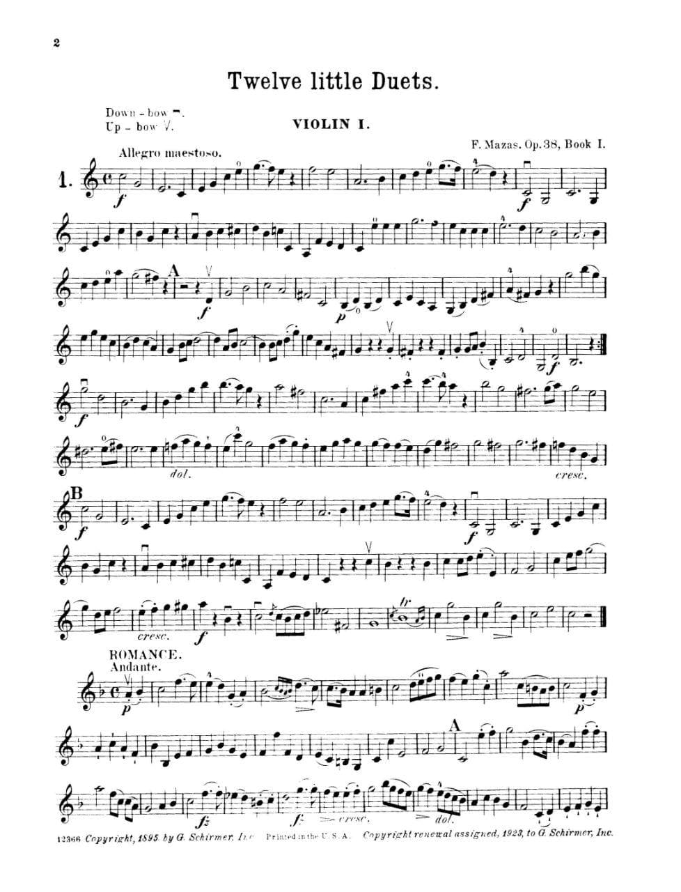 Mazas, Jacques Féréol - 12 Little Duets, Op 38, Book 1 - Two Violins - edited by Henry Schradieck - G Schirmer Edition