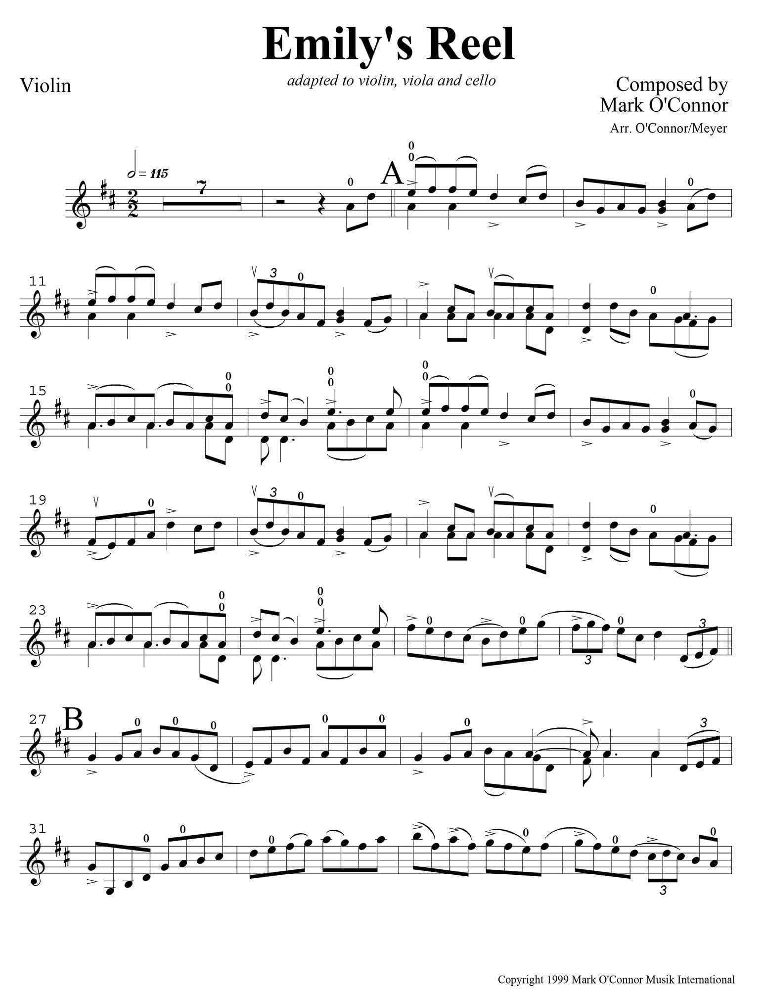 O'Connor, Mark - Emily's Reel for Violin, Viola, and Cello - Violin - Digital Download