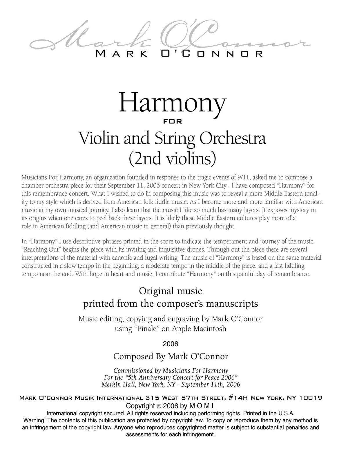 O'Connor, Mark - Harmony for Violin and Strings - 2nd Violins - Digital Download