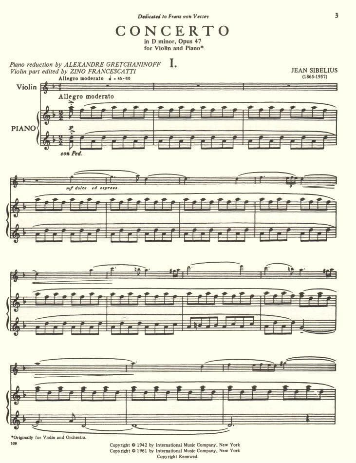 Sibelius, Jean - Violin Concerto in D Minor, Op 47 - Violin and Piano - edited by Francescatti-Gretchaninoff - International Music Company
