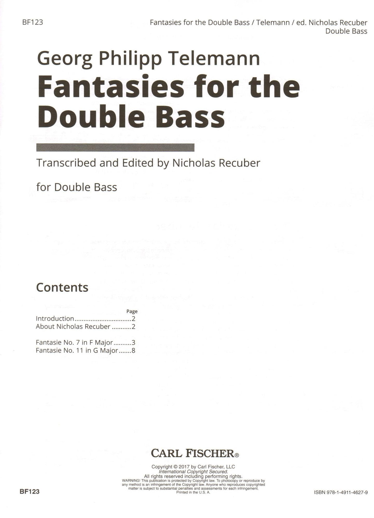 Telemann, G.P. - Fantasies for the Double Bass - for Solo Bass - transcribed and edited by Nicholas Recuber - Carl Fischer