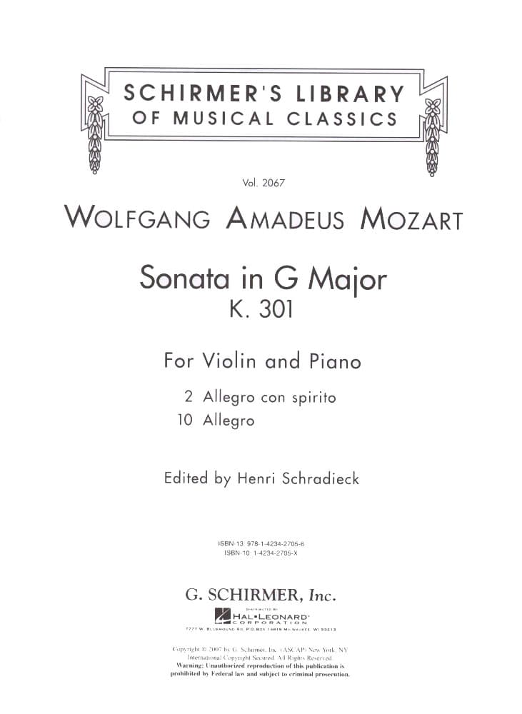Mozart, WA - Sonata in G Major, K 301 - Violin and Piano - edited by Henri Schradieck - G Schirmer Edition