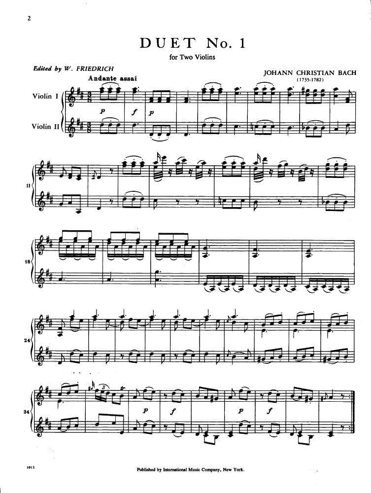 Bach, Johann Christian - Six Duets, Volume 1 - Two Violins - edited by W Friedrich - International Music Co