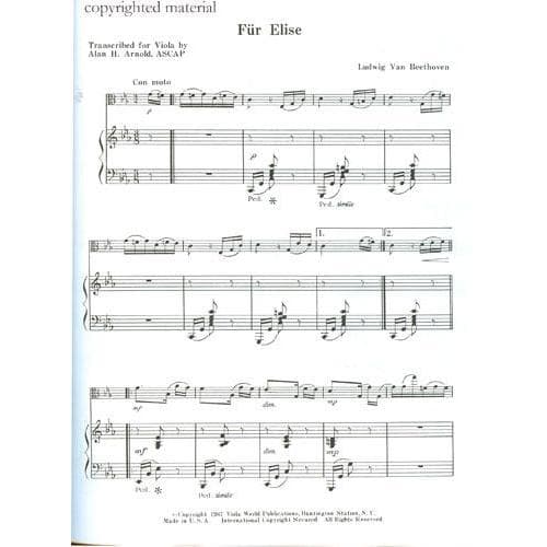 Beethoven, Ludwig - Fur Elise WoO 59 for Viola - Arranged by Arnold - Viola World Publication
