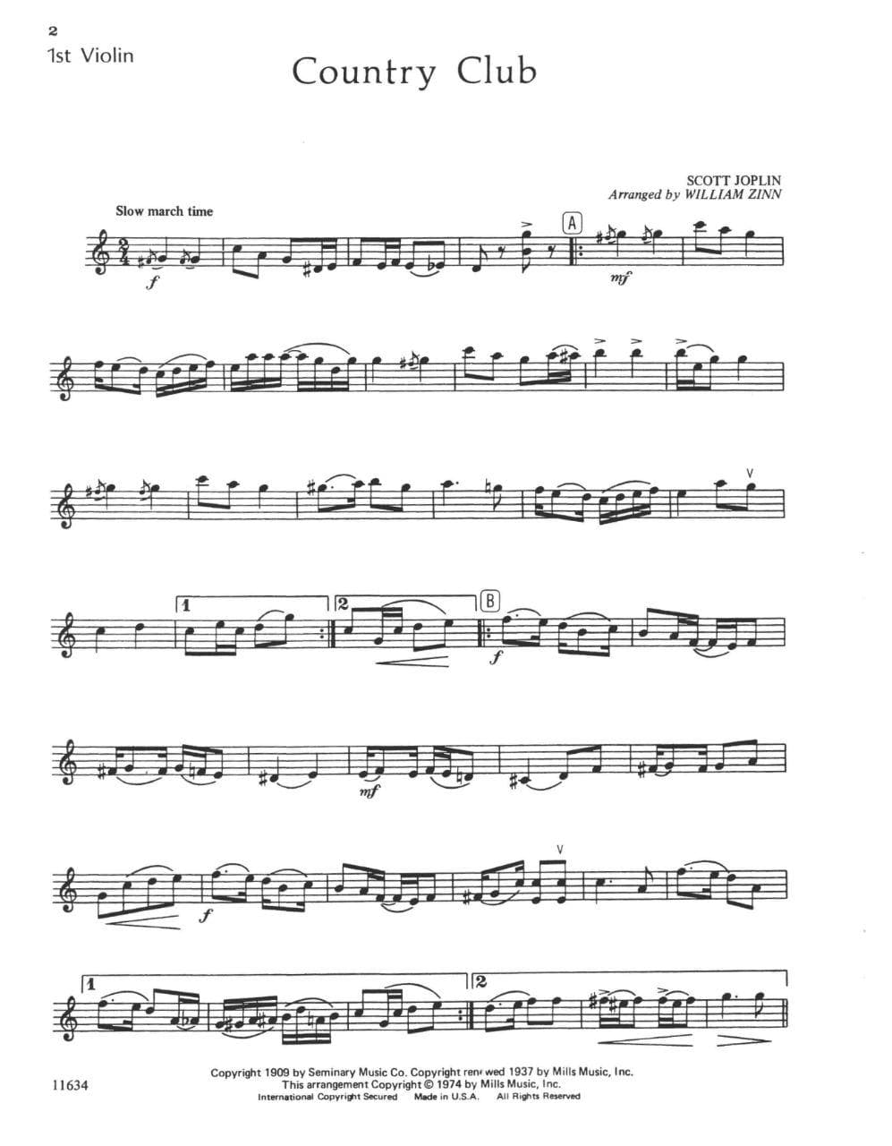 Joplin, Scott - Ragtime Favorites for Strings - Violin 1 part - arranged by William Zinn - Belwin-Mills Publishing