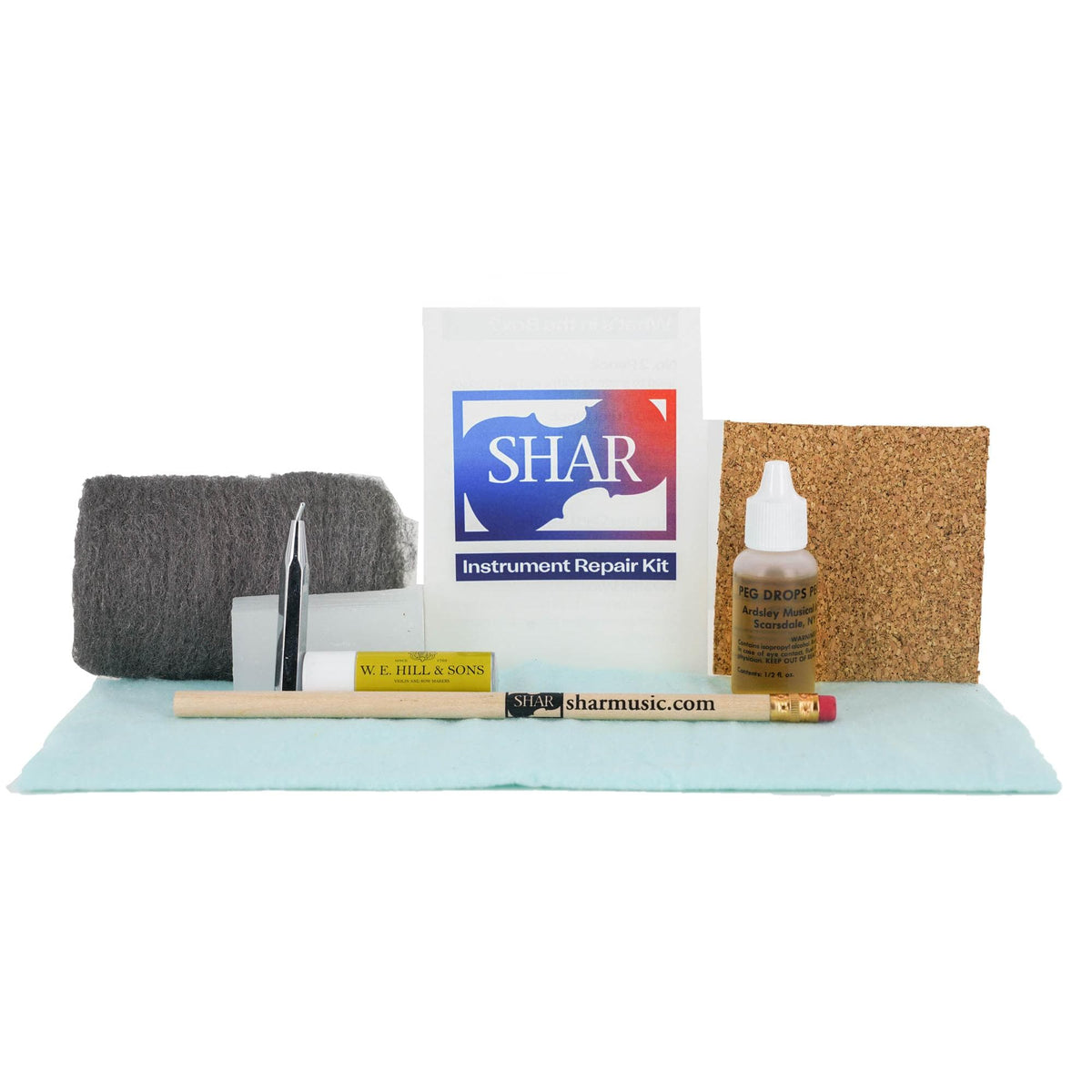 Instrument Repair Kit for Teachers with Peg Compound, Peg Drops, Cloth, Paraffin Wax, Steel Wool, Pencil, Chinrest Cork, and Chinrest Wrench