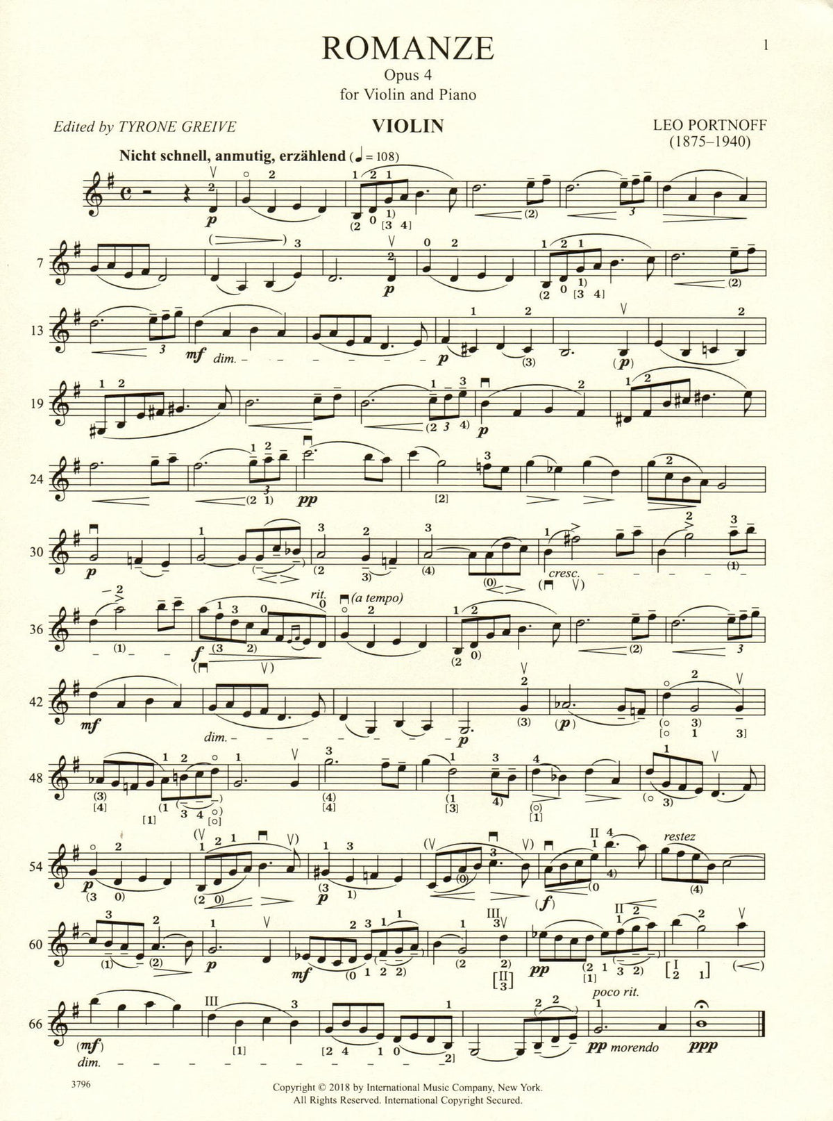 Portnoff, Leo - Romanze for Violin and Piano, Op 4 - International