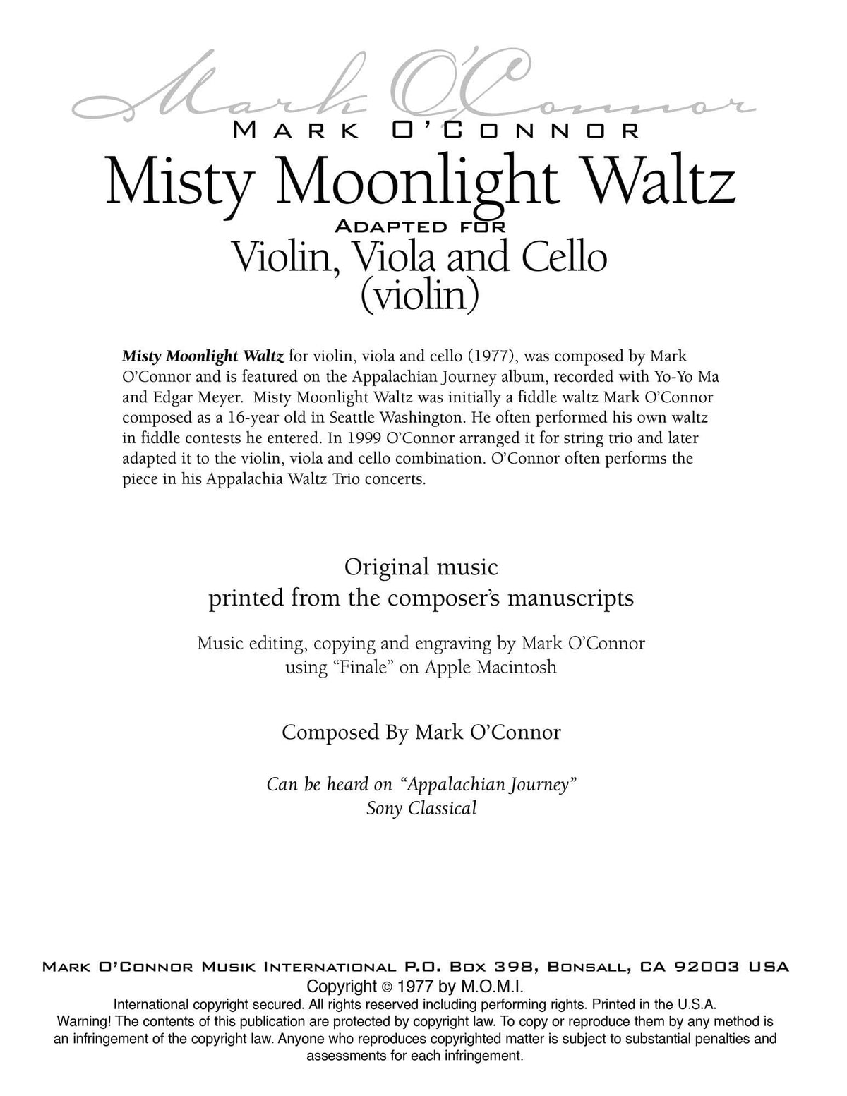 O'Connor, Mark - Misty Moonlight Waltz for Violin, Viola, and Cello - Violin - Digital Download