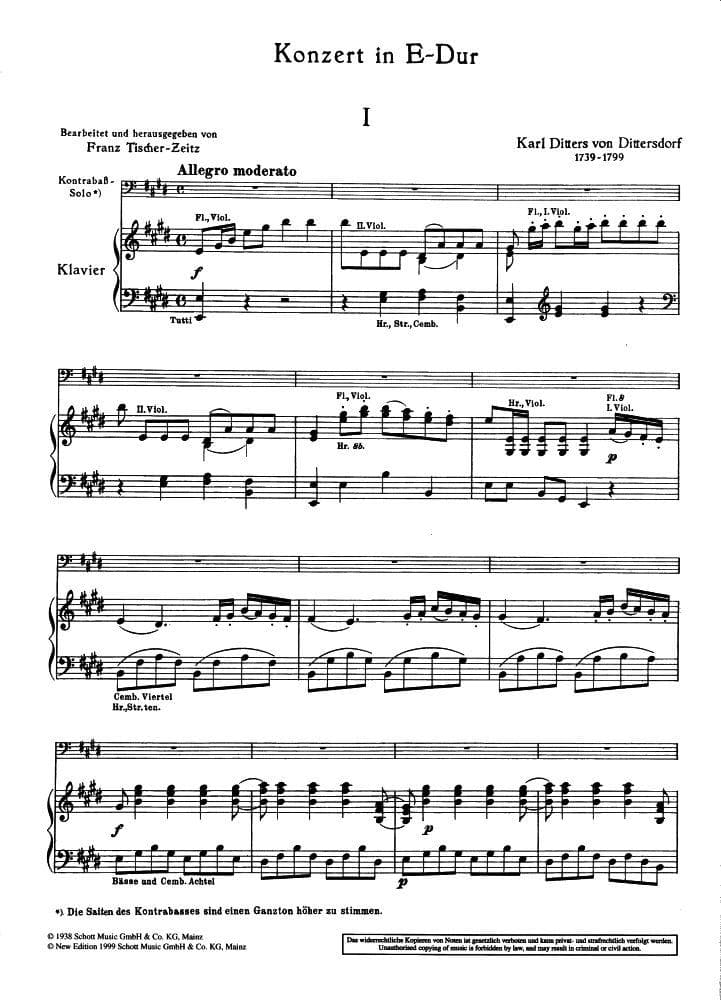 Dittersdorf, Carl Ditters von - Concerto In E Major, K 172 - Double Bass and Piano - edited by Franz Tischer-Zeitz - Schott Edition