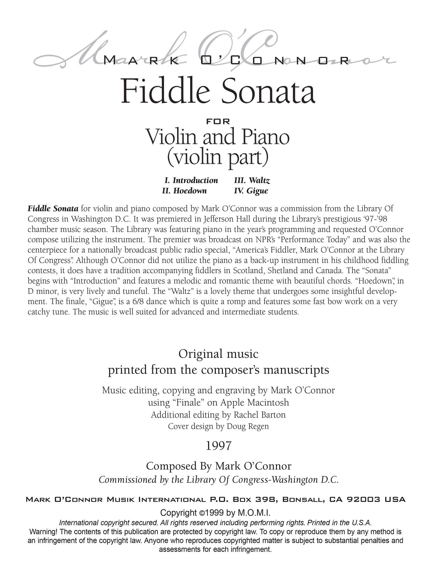 O'Connor, Mark - Fiddle Sonata for Violin and Piano - Violin - Digital Download