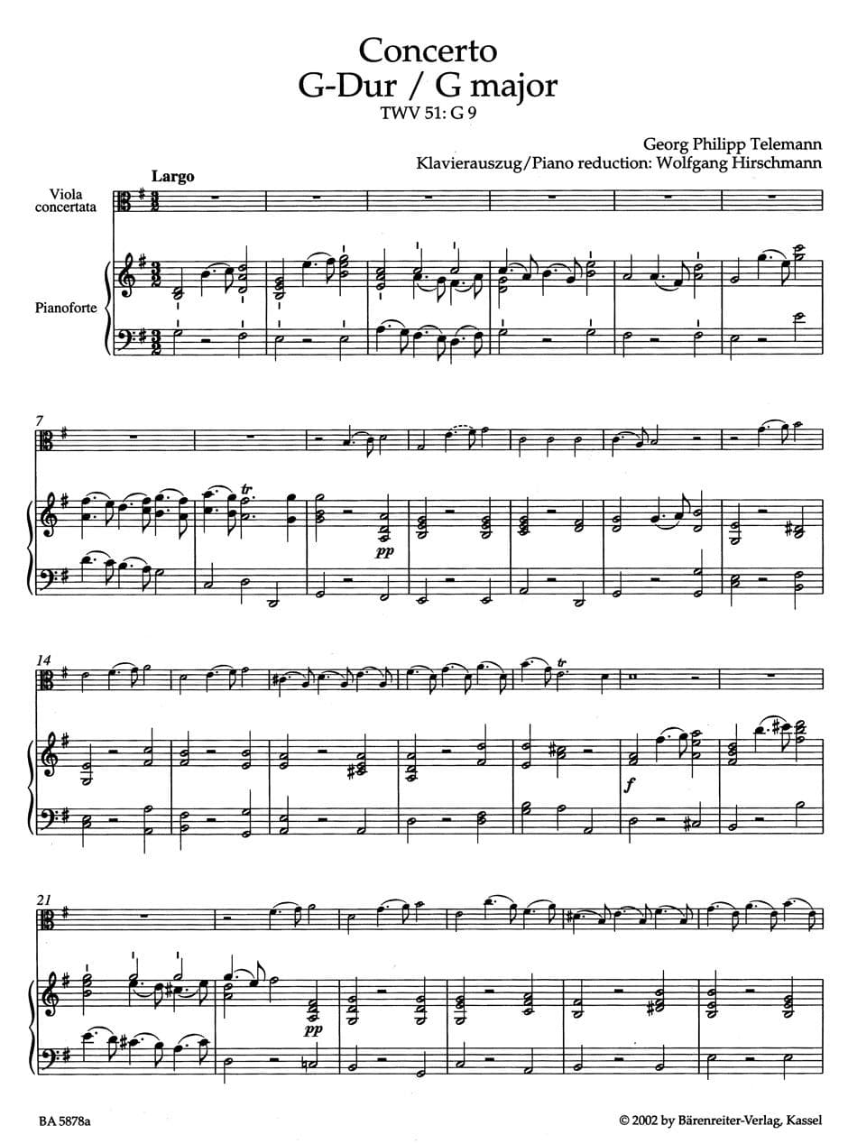 Telemann, Georg Philipp - Concerto in G Major, TWV 51:G9 - Viola and Piano - edited by Wolfgang Hirschmann - Bärenreiter Verlag URTEXT
