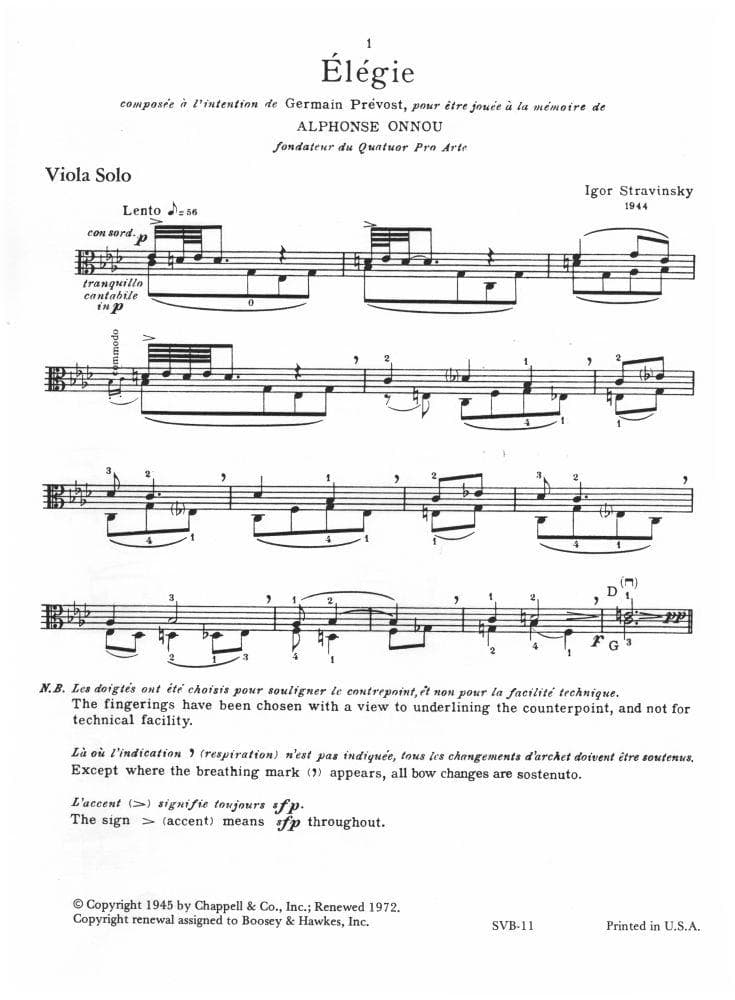 Stravinsky, Igor - Elegie for Solo Viola - Viola or Violin - Boosey & Hawkes
