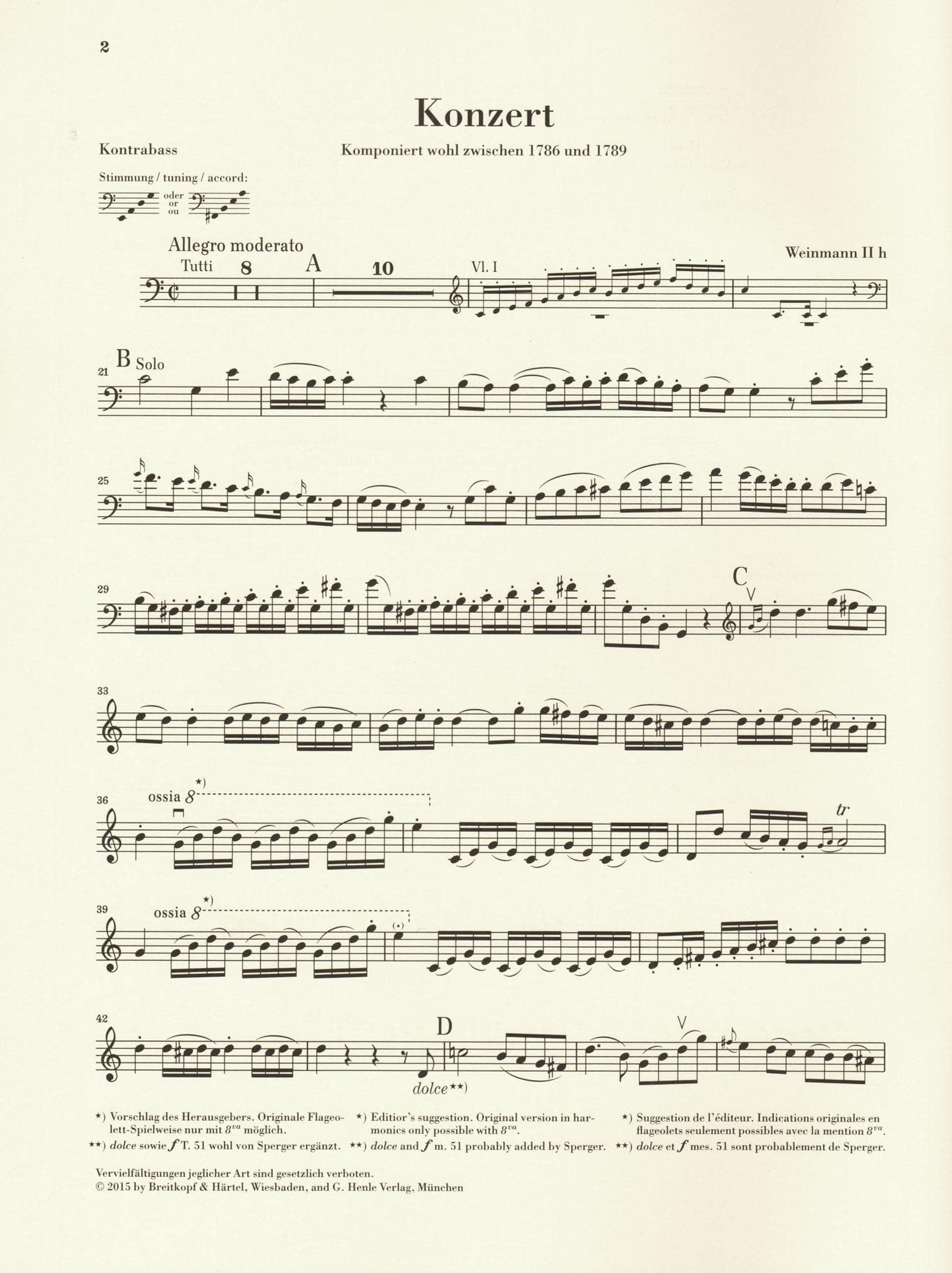 Vanhal, Johann Baptist - Double Bass Concerto - for Bass and Piano - G. Henle Verlag URTEXT