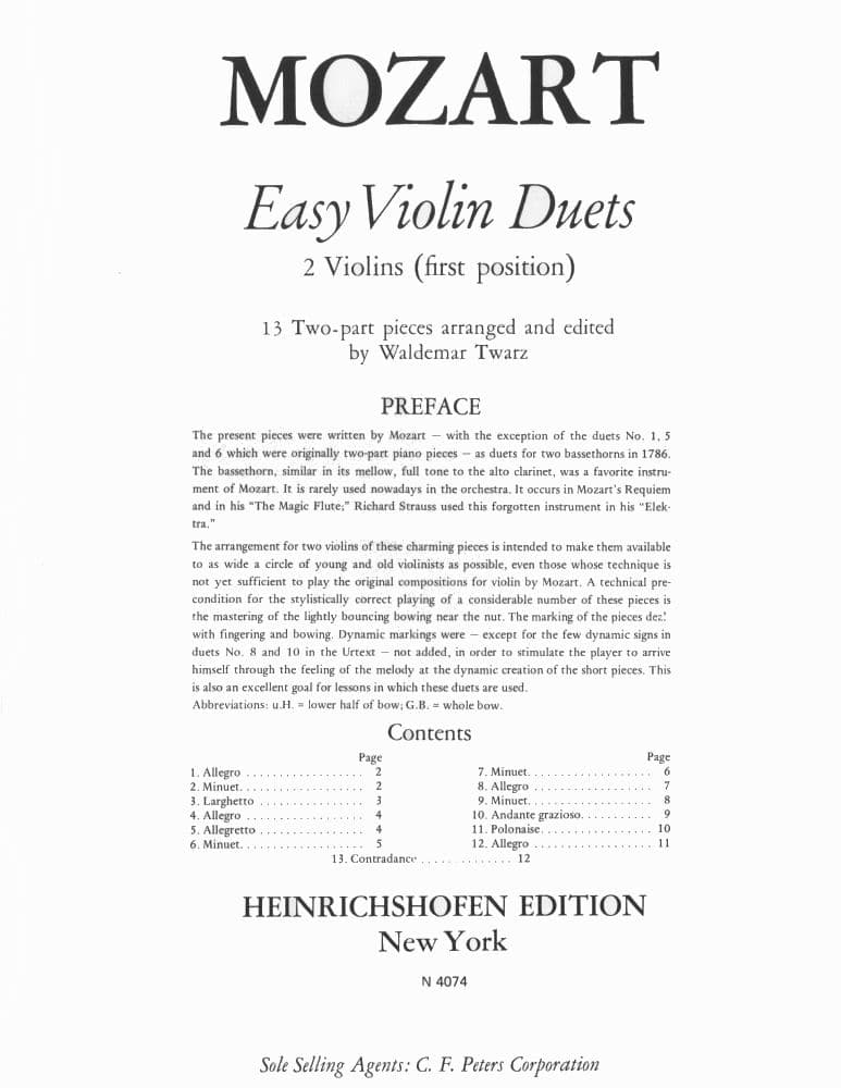 Mozart, WA - Easy Violin Duets - Two Violins - edited by Waldemar Twarz - Heinrichshofen Edition
