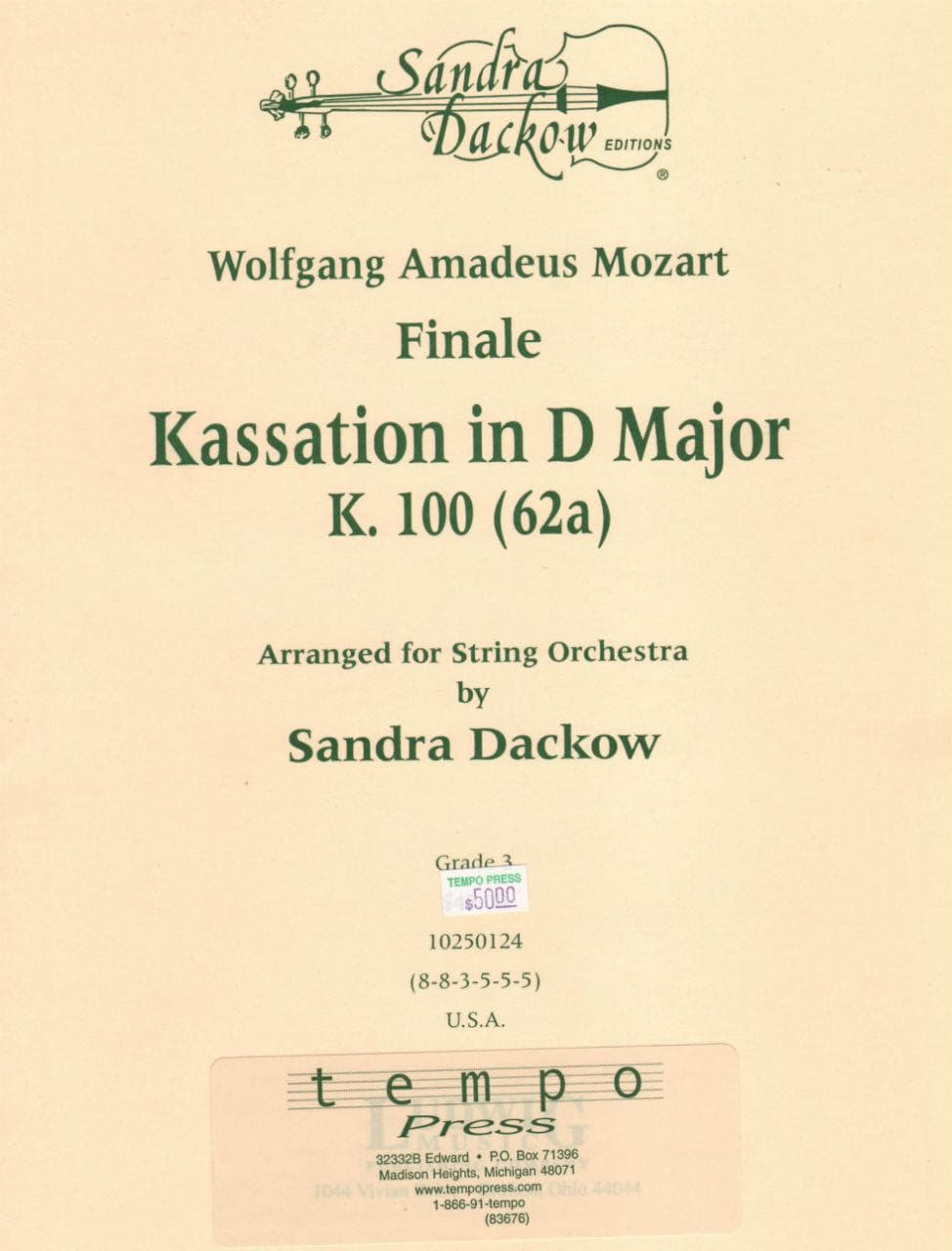 Mozart, WA - Finale: Kassation in D Major, K 100 (62a) - String Orchestra - Score and Parts - arranged by Sandra Dackow - Ludwig Music Co