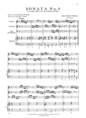 Corelli, Arcangelo - 12 Trio Sonatas, Op 1 - Volume 2, No 4-6 for Two Violins and Piano (With Cello ad libitum) - International Edition