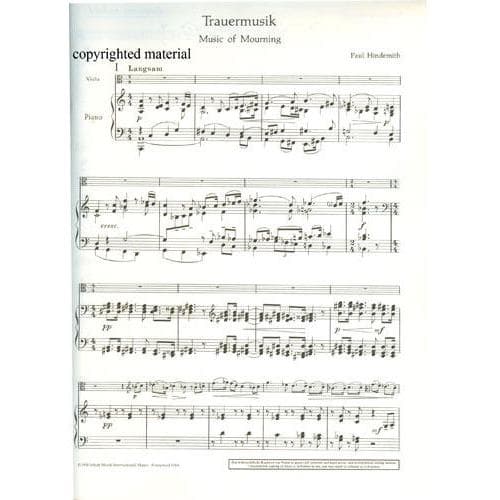 Hindemith, Paul - Trauermusik (Music of Mourning) - Viola (Violin or Cello) and Piano - arranged by Fritz Willms - Schott Edition