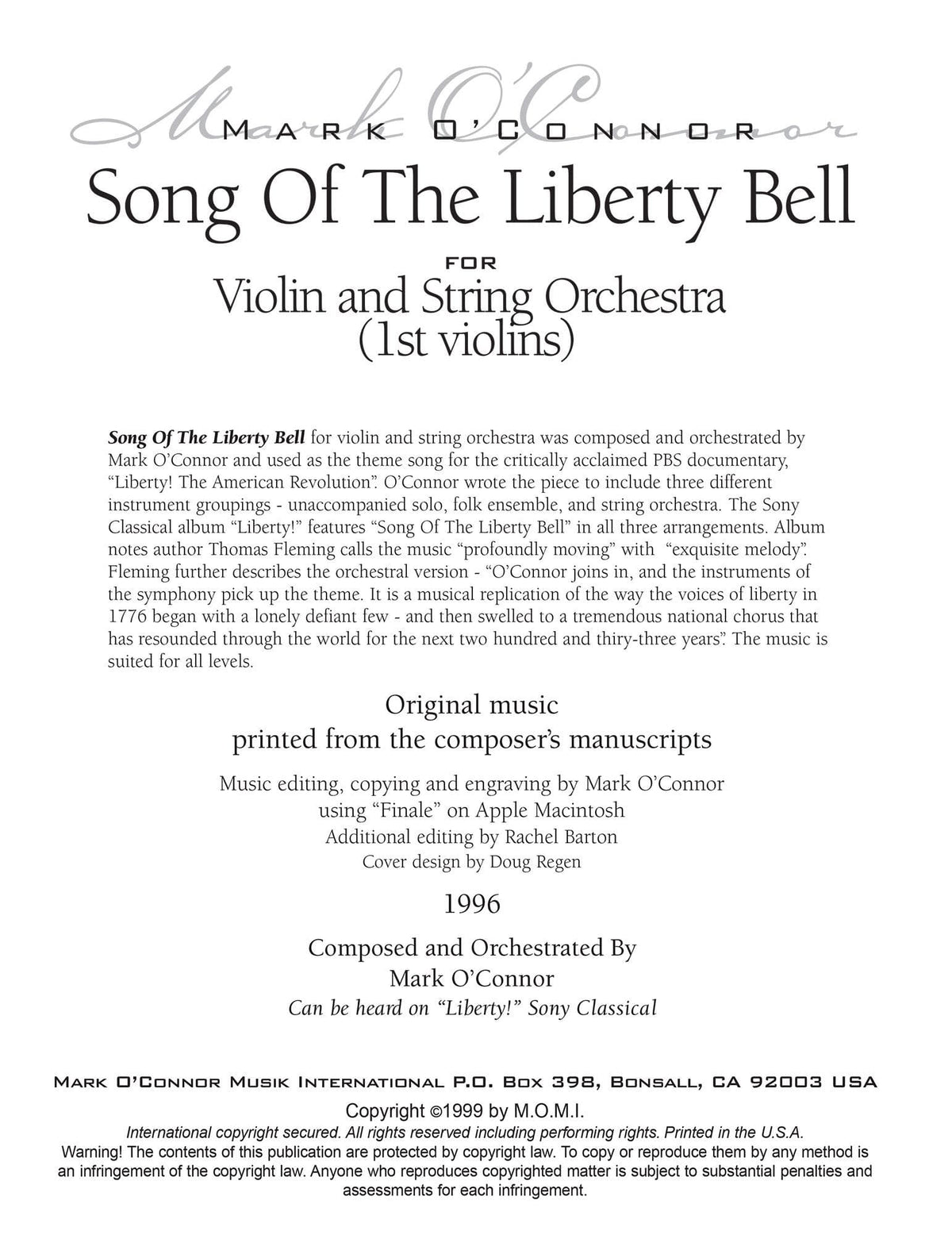 O'Connor, Mark - Song Of The Liberty Bell for Violin and String Orchestra - String Parts - Digital Download