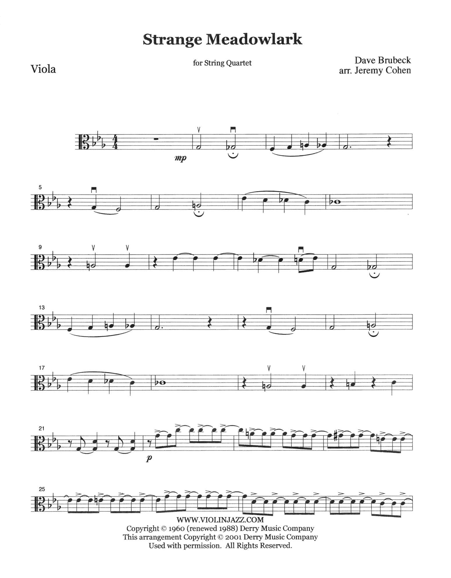 Brubeck, Dave - Strange Meadowlark - Dave Brubeck Collection - for String Quartet - arranged by Jeremy Cohen - Violinjazz Editions