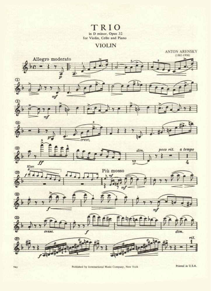 Arensky, Anton - Piano Trio No 1 in d minor, Op 32 for Violin, Cello and Piano - International Edition