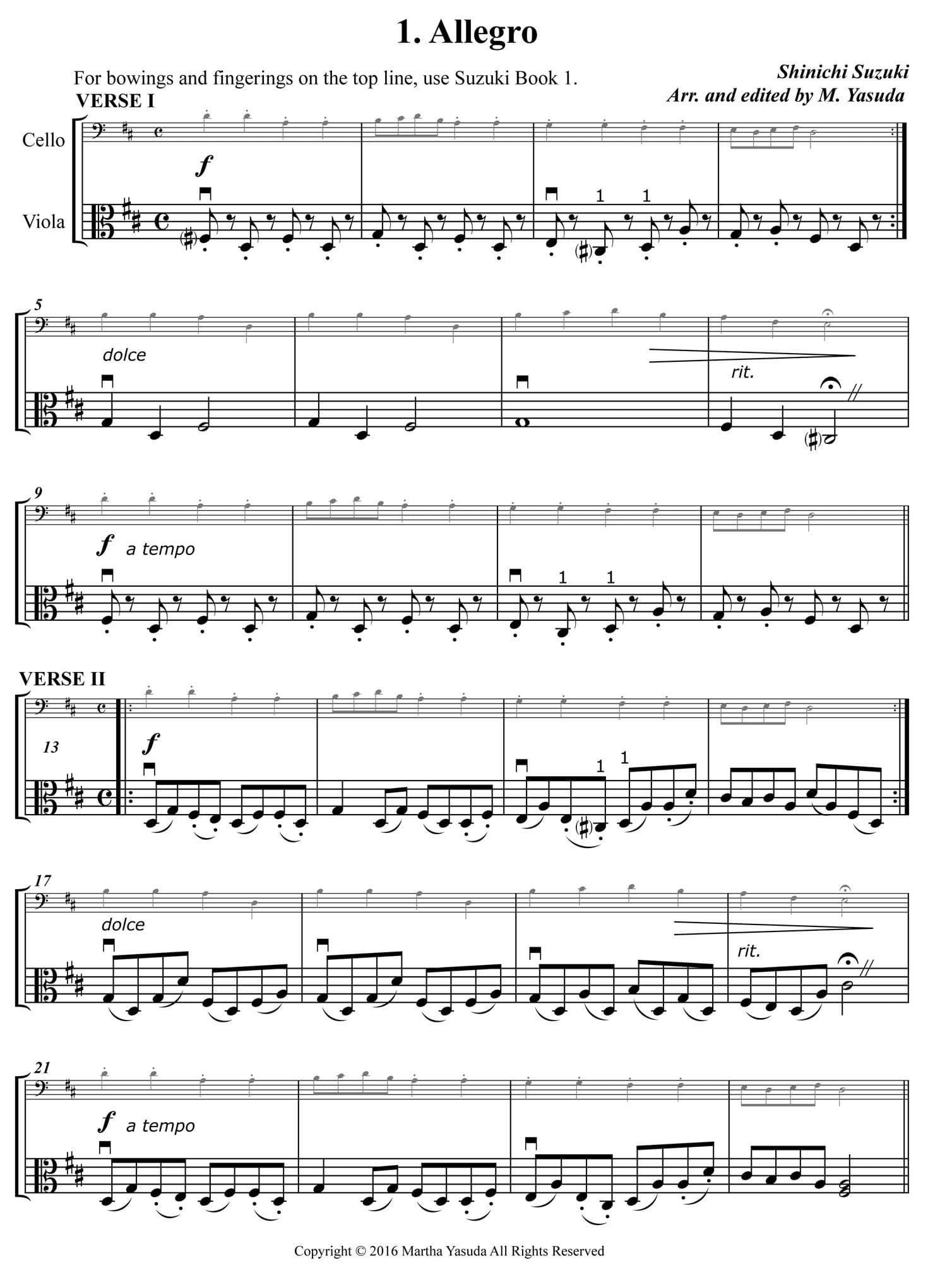 Yasuda, Martha - Folk Song Melodies For Cello (melody) And Viola (harmony) - Digital Download