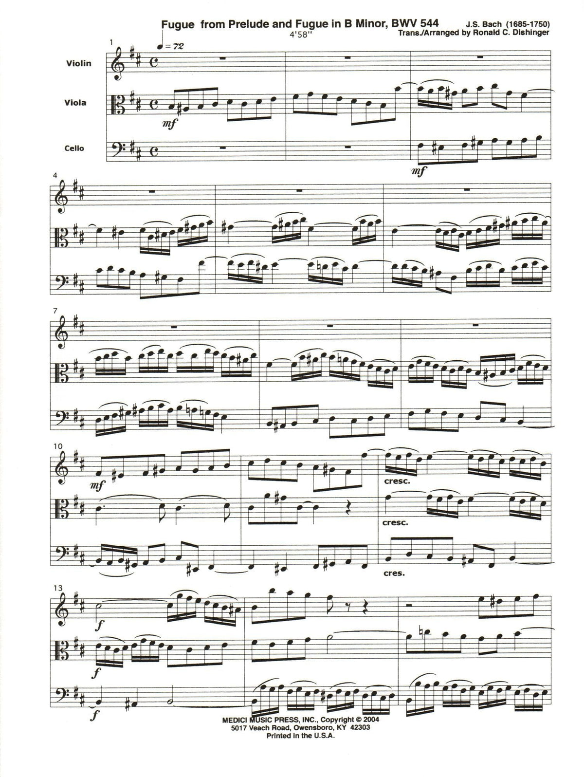 Bach, J.S. - Fugue from Prelude and Fugue in B Minor (BWV 544) - for String Trio - arranged by Dishinger - Medici Music Press